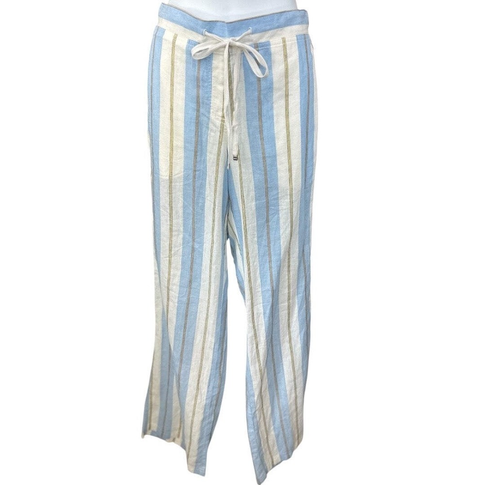 Tommy Bahama Womens Blue White Striped Linen Cotton Drawstring Wide Leg Pants 8